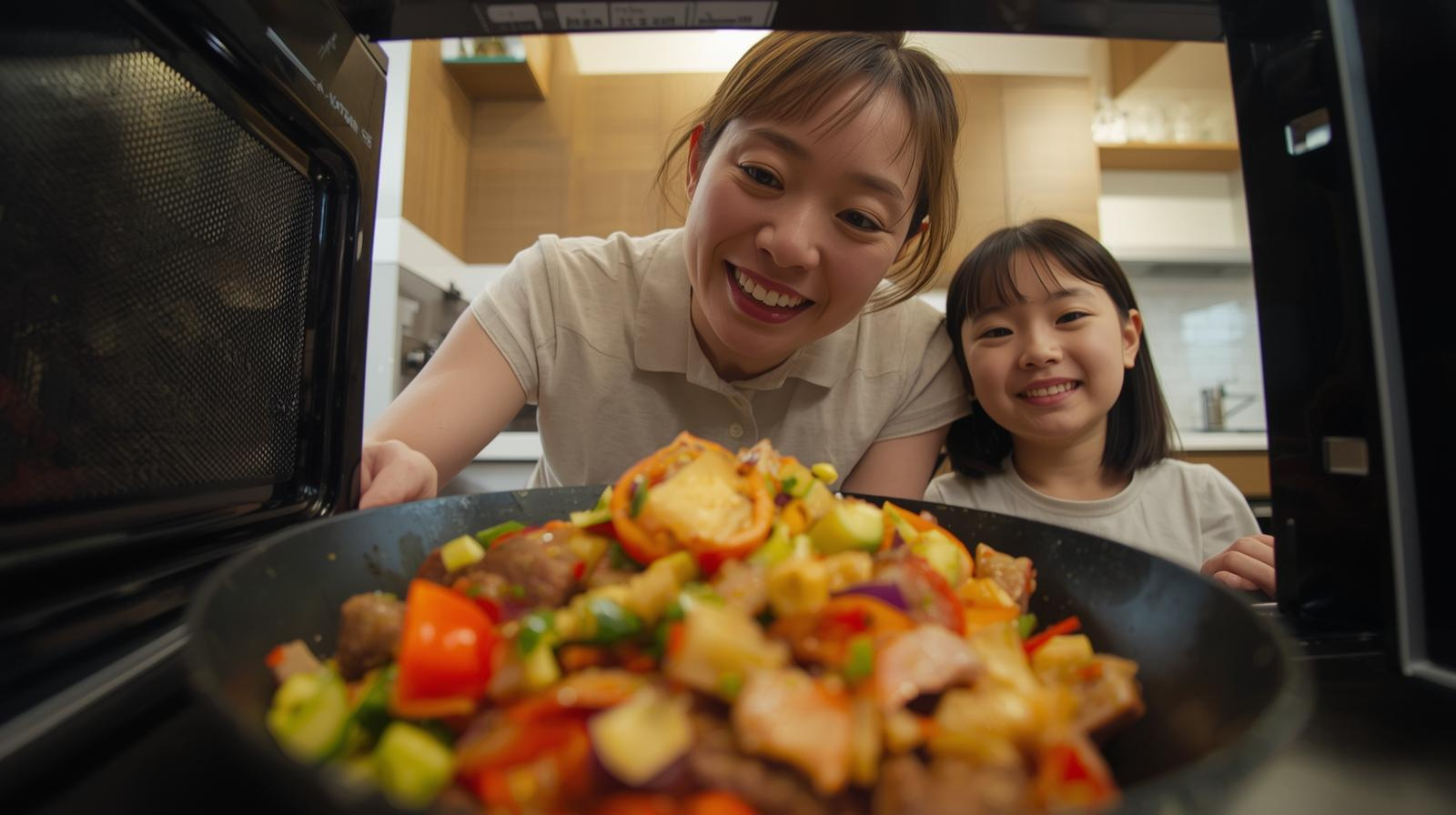 電子レンジで惣菜をあたためる母と娘